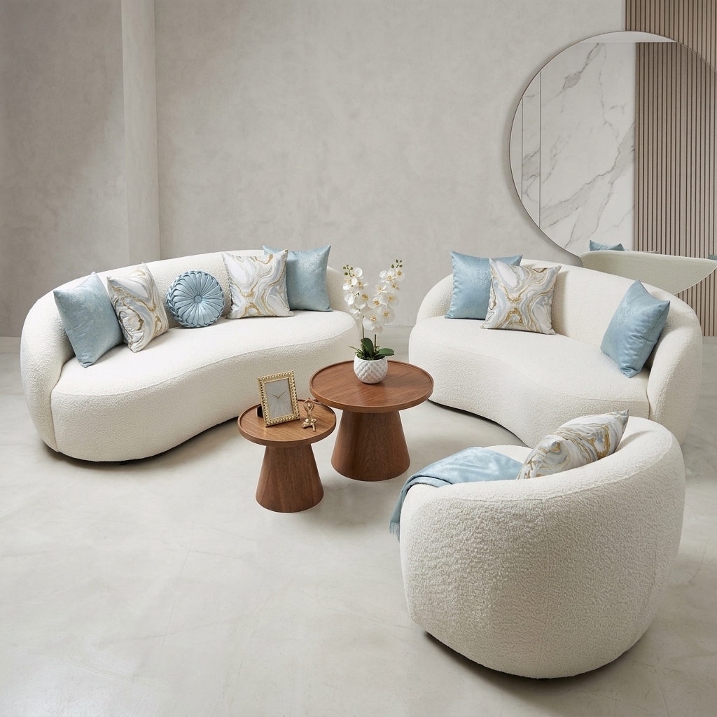 Juego de Sala Curvo Bouclé Blanco con Cojines Azules, Salas & Cocinas